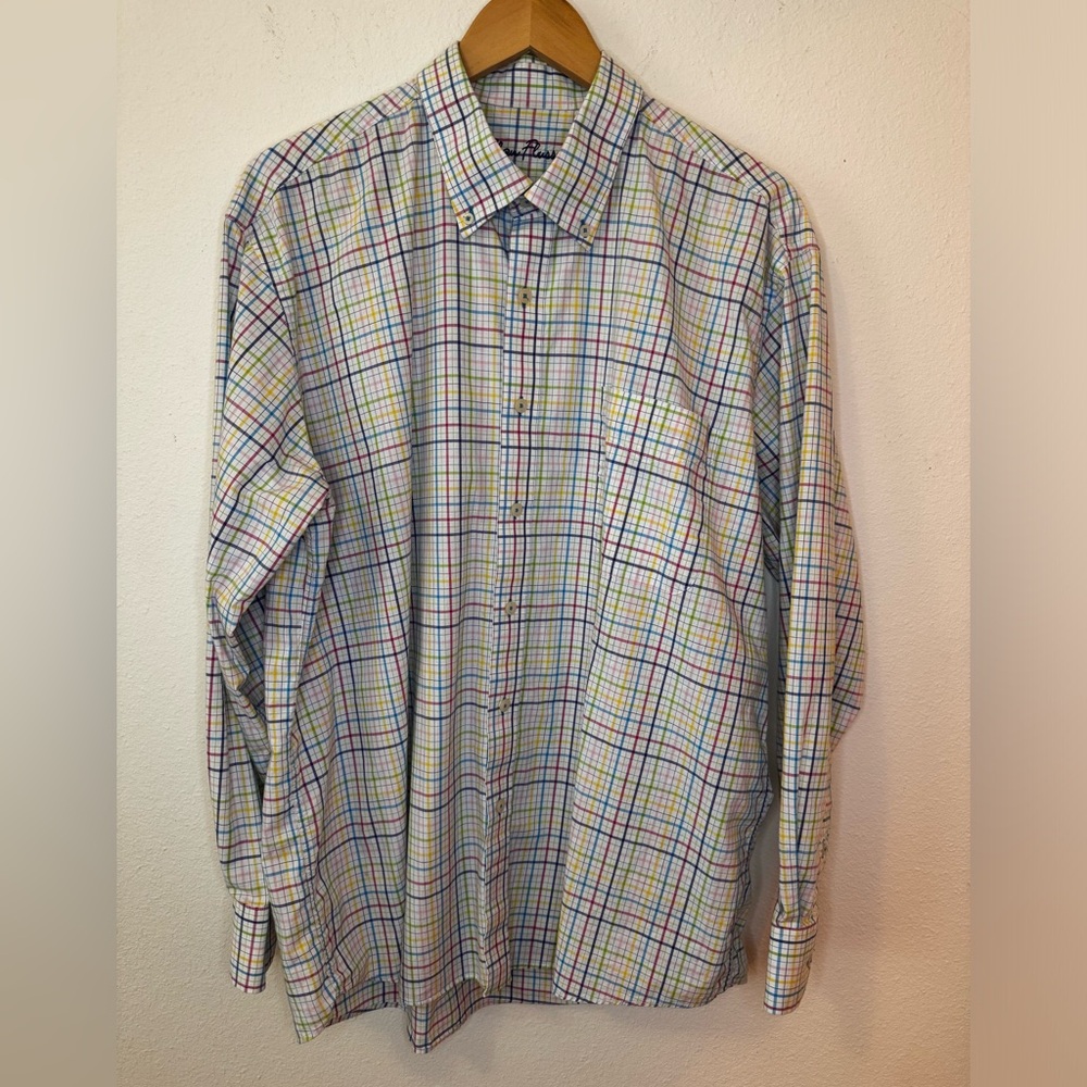 Alan Flusser Button Down Long Sleeve Rainbow Checkered Top XL